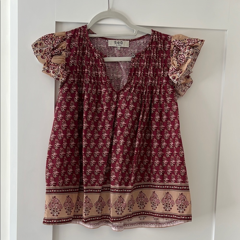 Sea Red Flutter Sleeve Smocked Blouse